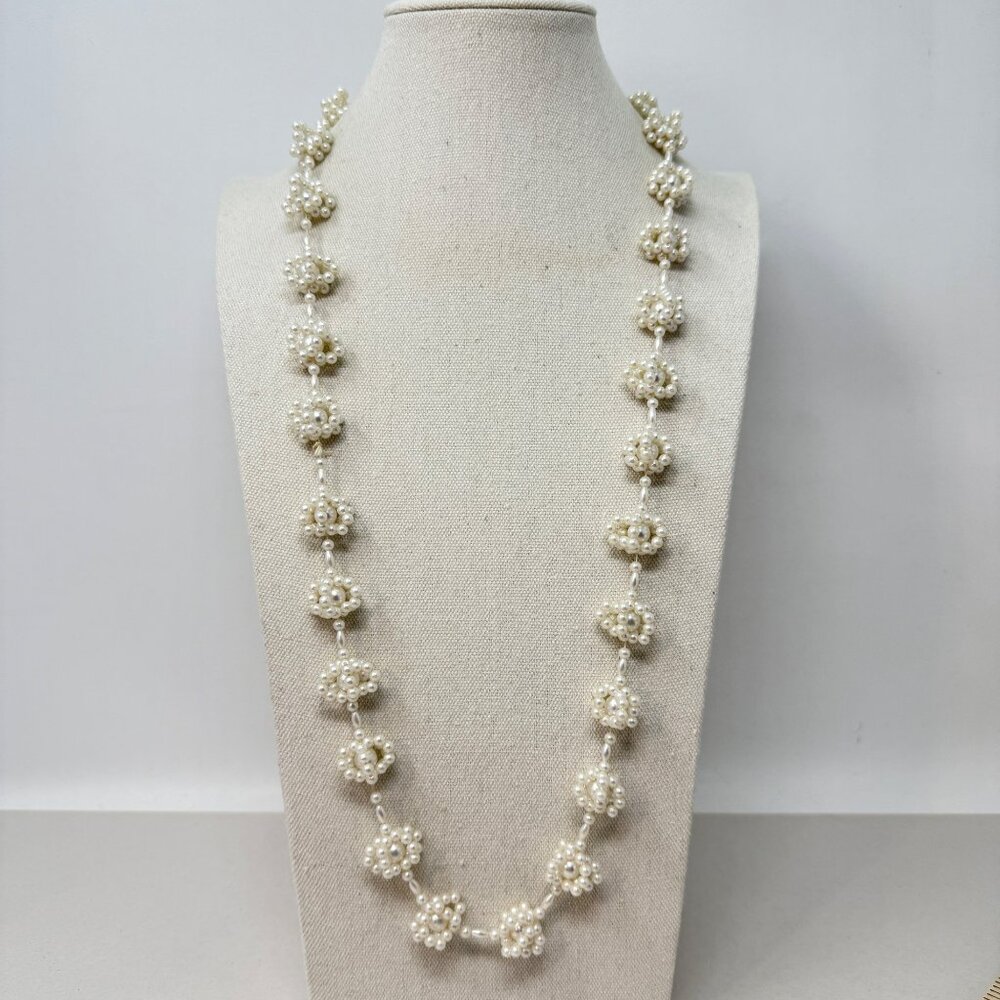Vintage Imitation Pearl Knot Station Necklace Long Creamy White Coquette 36"